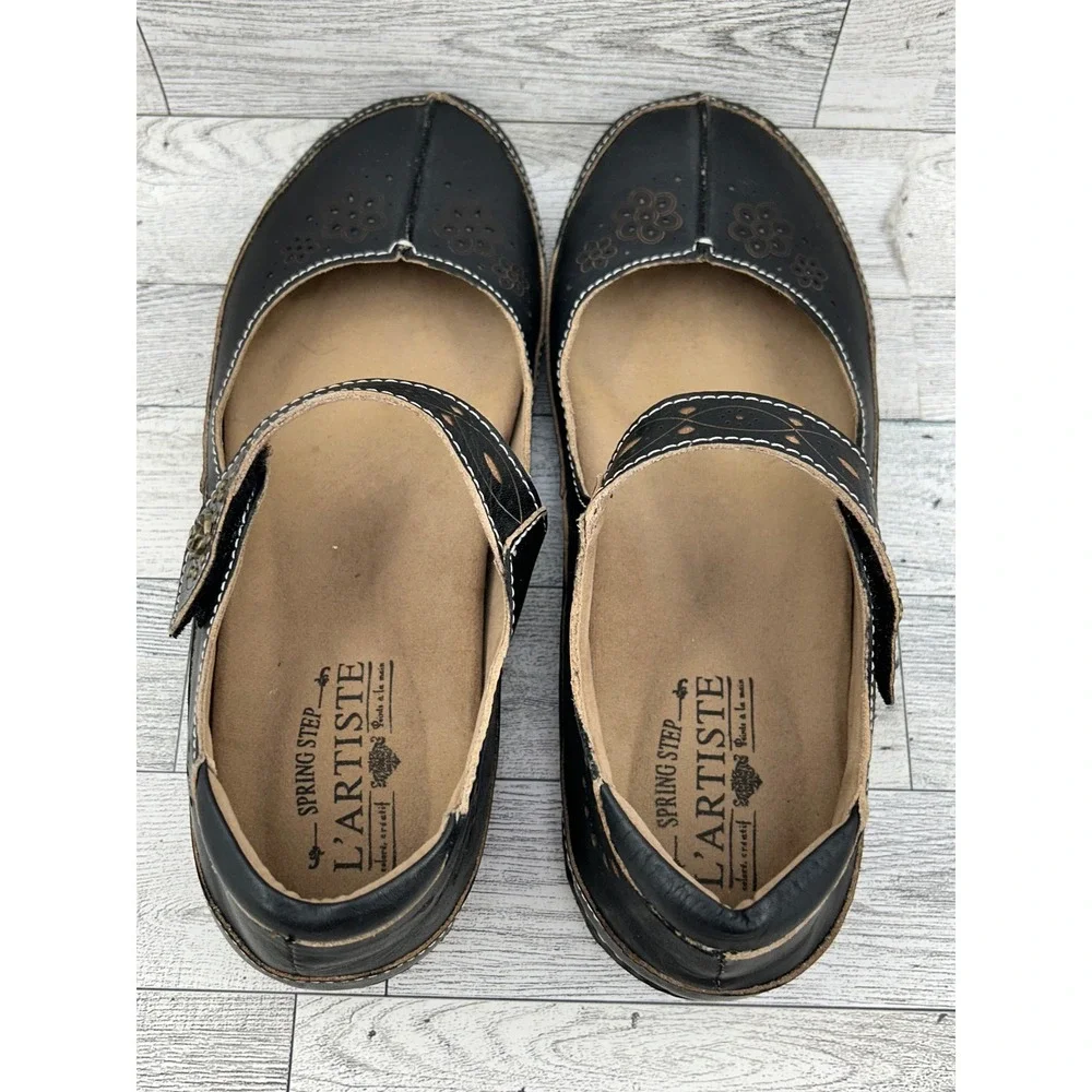 L'Artiste Spring Step Lazarina-B Black Leather Mary Jane Flats Women  EU 38 US 8